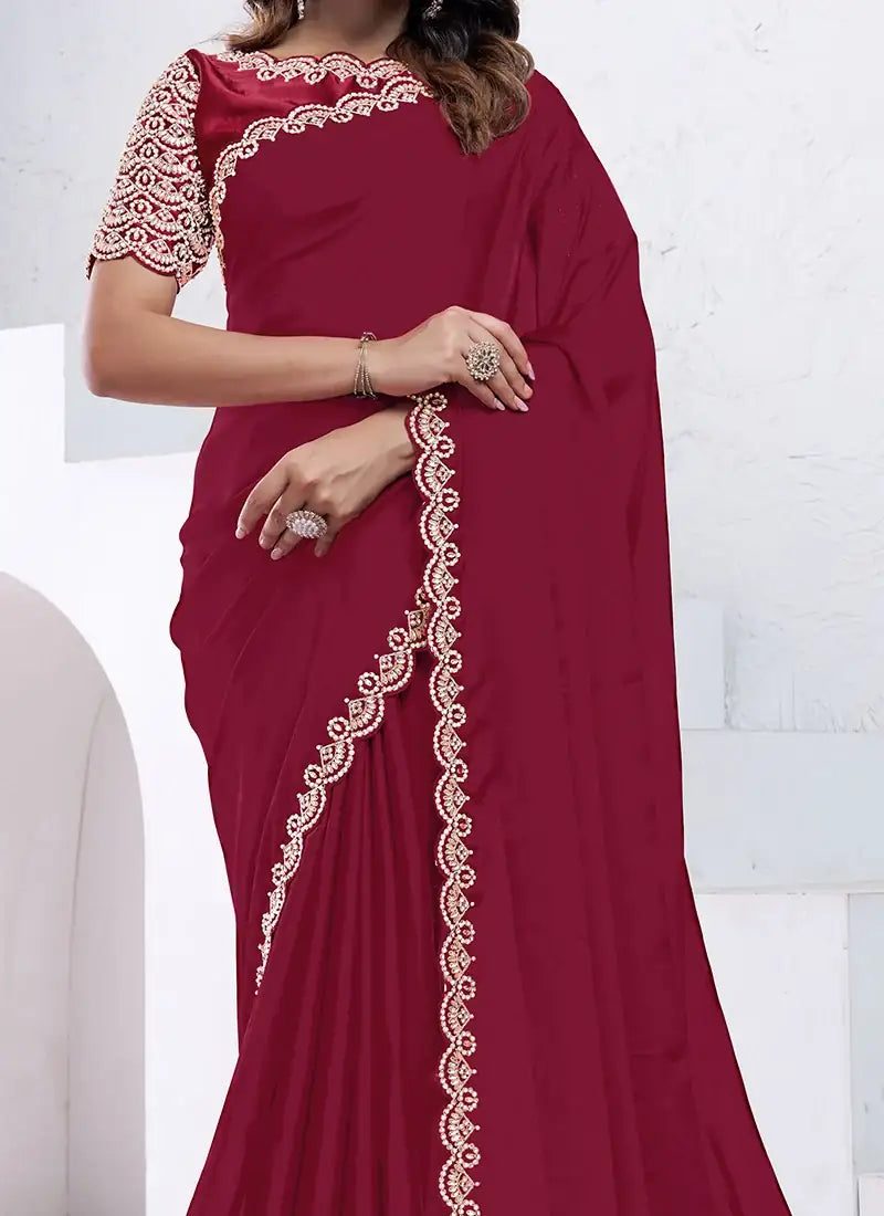 Designer Red Saree | Crepe Silk & Japan Poly Blouse Wedding & Festive