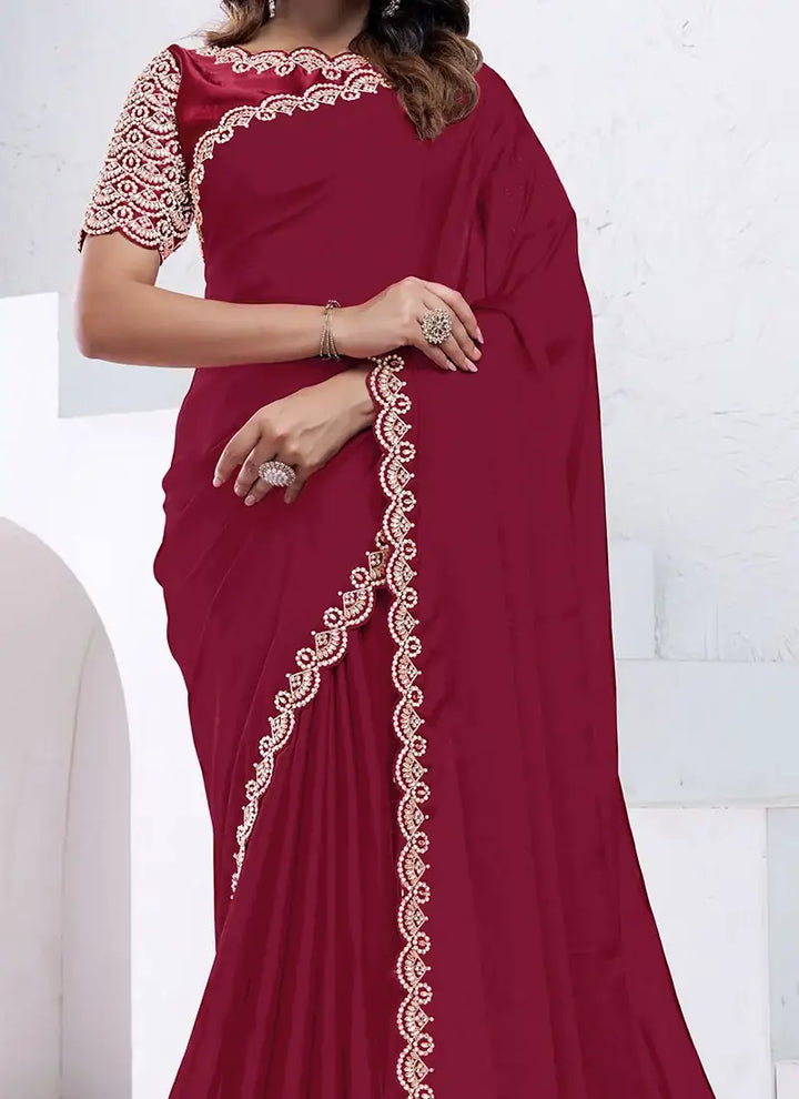 Designer Red Saree | Crepe Silk & Japan Poly Blouse Wedding & Festive
