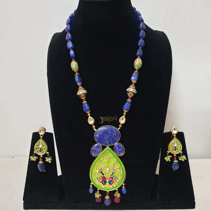 Blue Beads Stone  | Meenakari Fusion Pendant With Earrings Signature Design