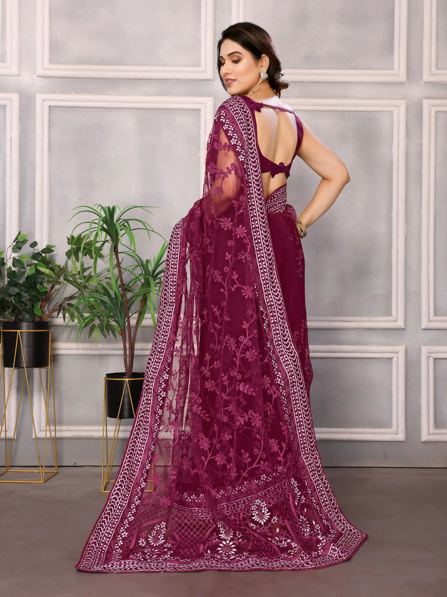 Designer Soft Net Saree with Thread Embroidery – Perfect for Weddings & Festivals - 13934 - ACY5818