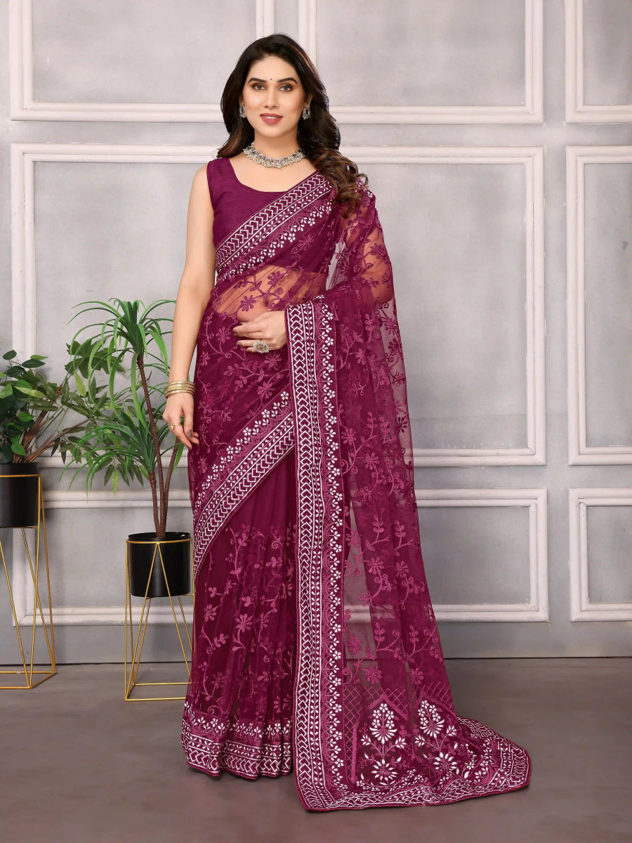 Designer Soft Net Saree with Thread Embroidery – Perfect for Weddings & Festivals - 13934 - ACY5818