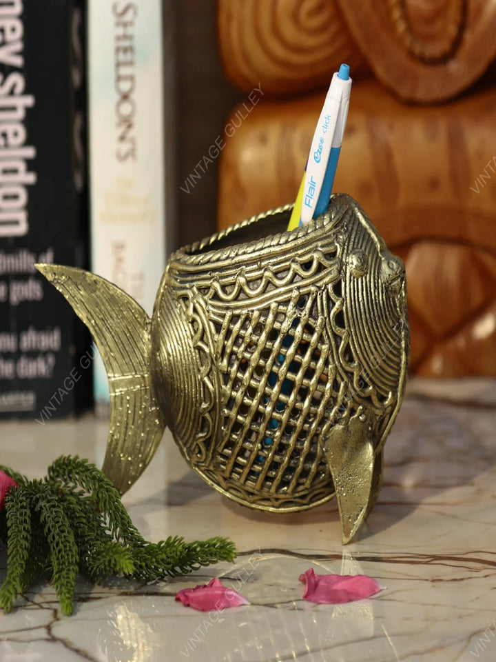Handcrafted Dhokra Art Brass Pen Stand | Unique Desk Organizer
