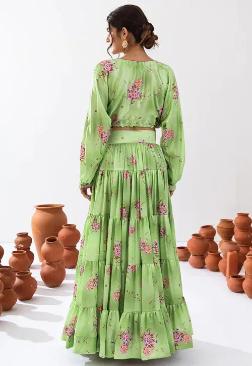 Elegant Pista Green Lehenga | Designer Floral Printed Lehenga Choli