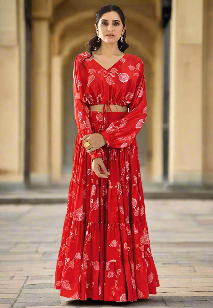 Designer Red Party Wear Lehenga | Beautiful Crop Top Lehenga for Special Events