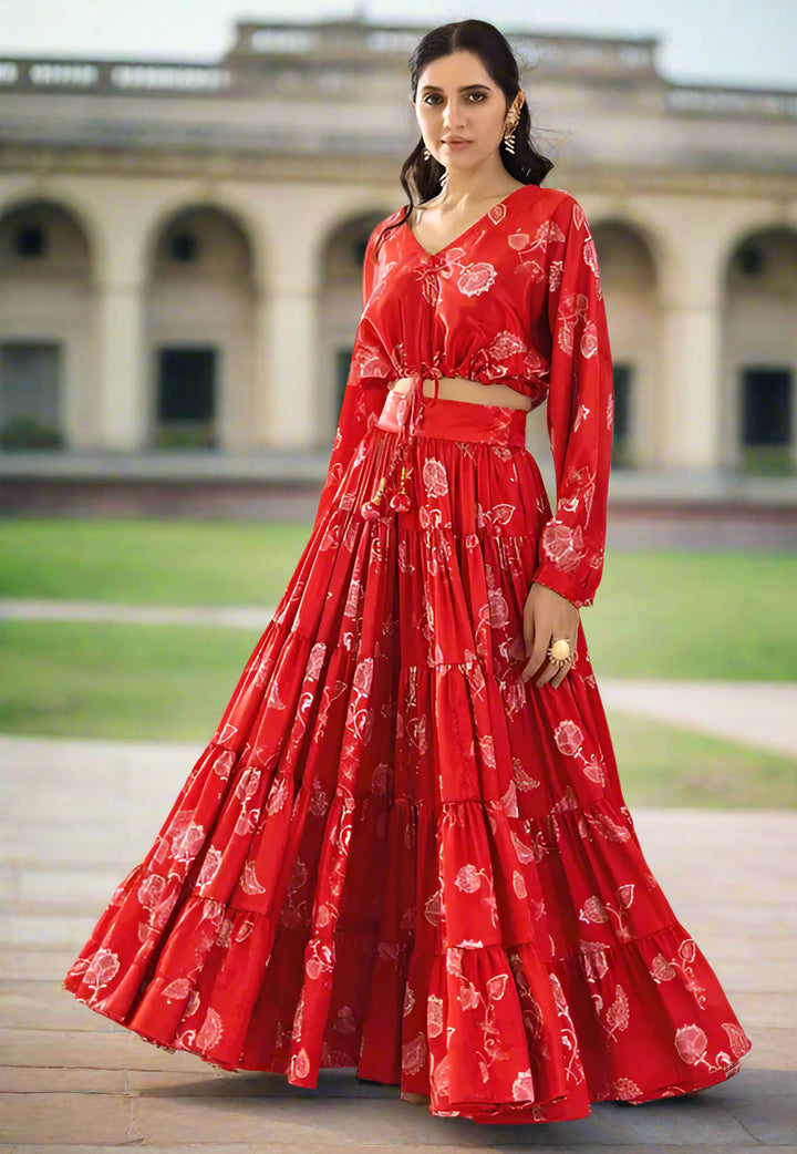 Designer Red Party Wear Lehenga | Beautiful Crop Top Lehenga for Special Events