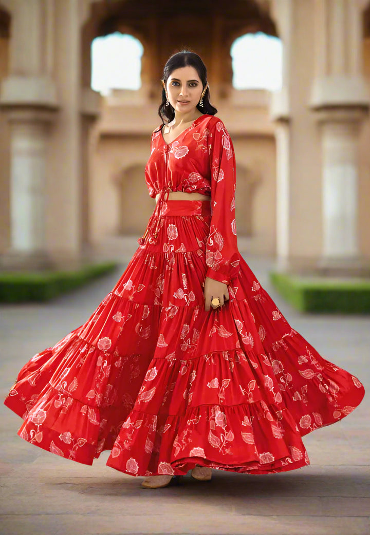 Designer Red Party Wear Lehenga | Beautiful Crop Top Lehenga for Special Events