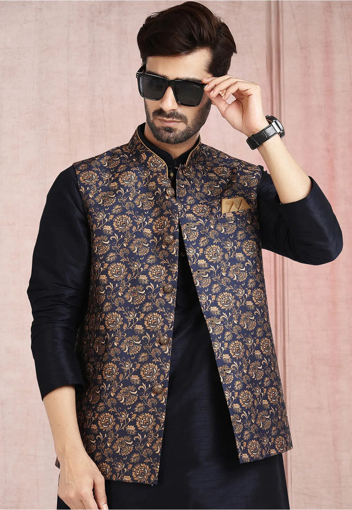 Traditional Elegant Art Silk Navy Kurta Pajama | Handcrafted  Details for Timeless Appeal