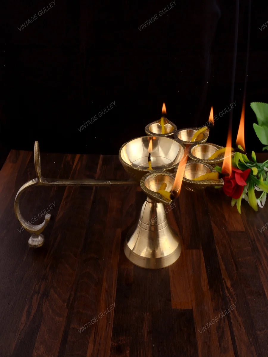 Brass Arti Diya 5 Face | Handcrafted Quality Brass Decorative Diya