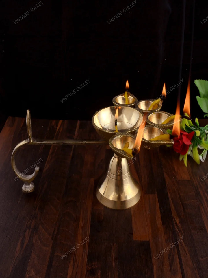 Brass Arti Diya 5 Face | Handcrafted Quality Brass Decorative Diya