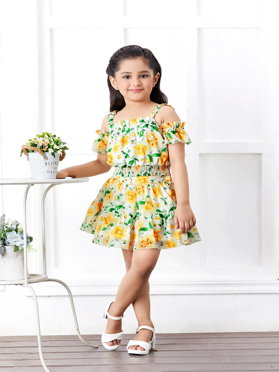 Modern Lemon Colored Skirt Set | Georgette Top and Printed Skirt