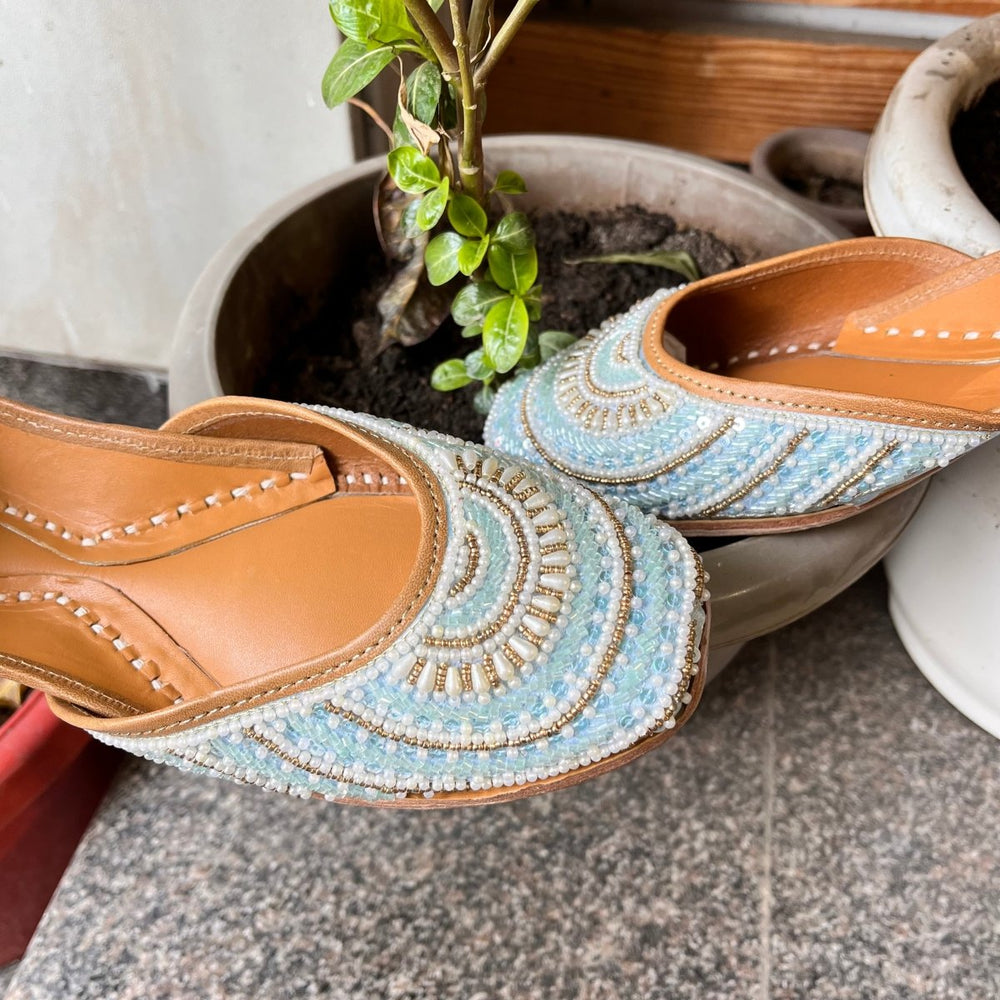 Dreamy Azure Aura Juttis | Pearl & Sequin Detailing on Premium Leather - jmdj101