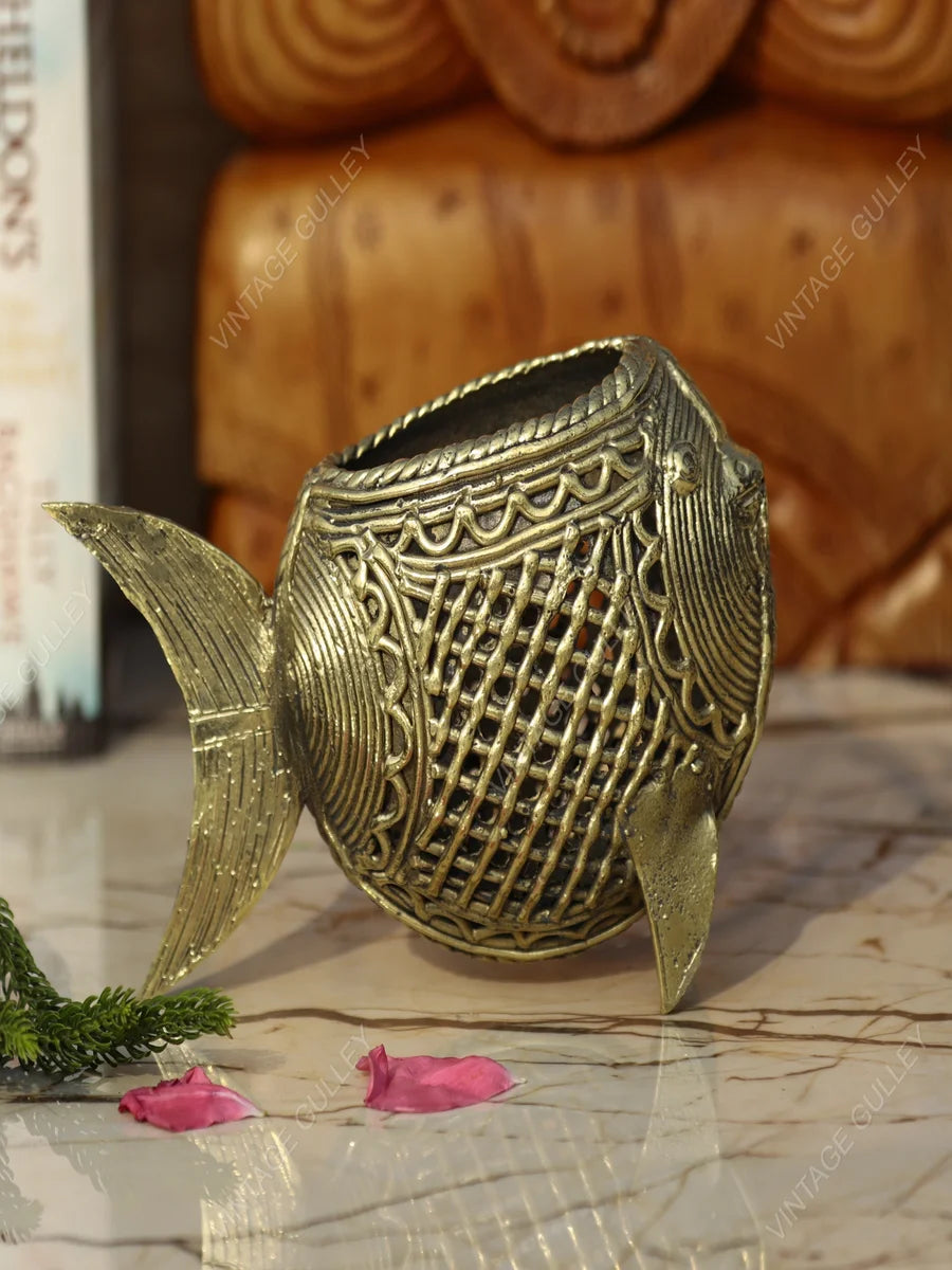 Handcrafted Dhokra Art Brass Pen Stand | Unique Desk Organizer