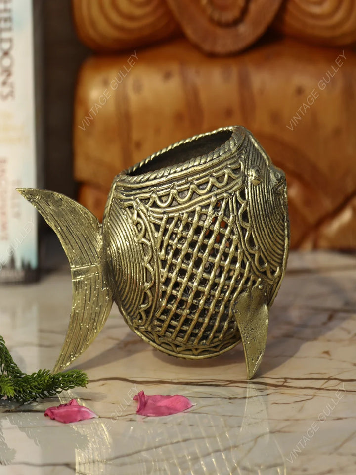 Handcrafted Dhokra Art Brass Pen Stand | Unique Desk Organizer