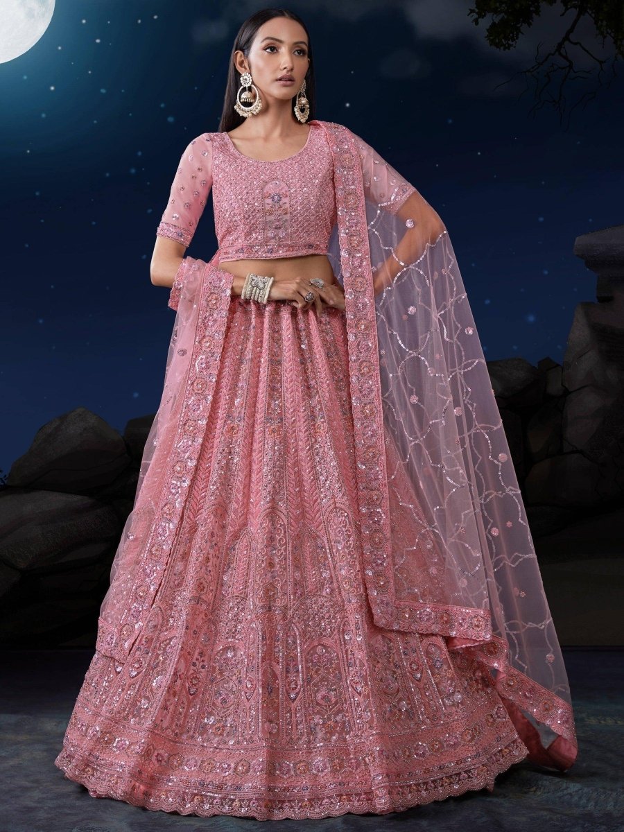 Elegant Pink Sequins Lehenga | Net with Dupatta & Thread Work - ARD - KMY5 - 90002 - Semi Stitched - YPOD