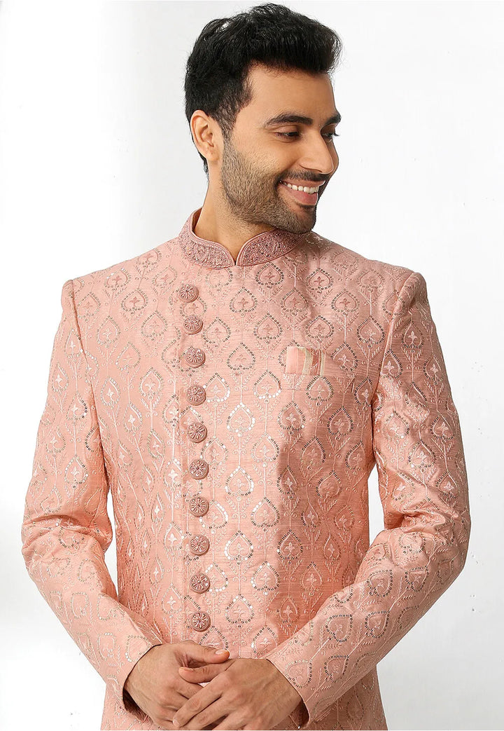 Dark Peach Art Silk Sherwani | Perfect for Wedding & Festive Occasions