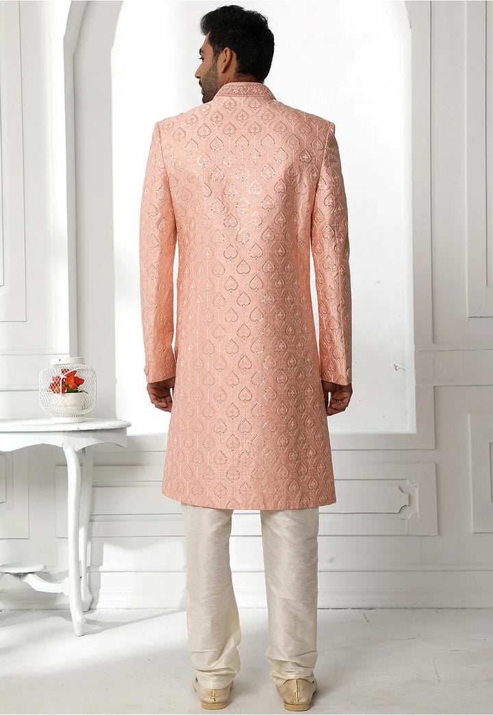 Dark Peach Art Silk Sherwani | Perfect for Wedding & Festive Occasions