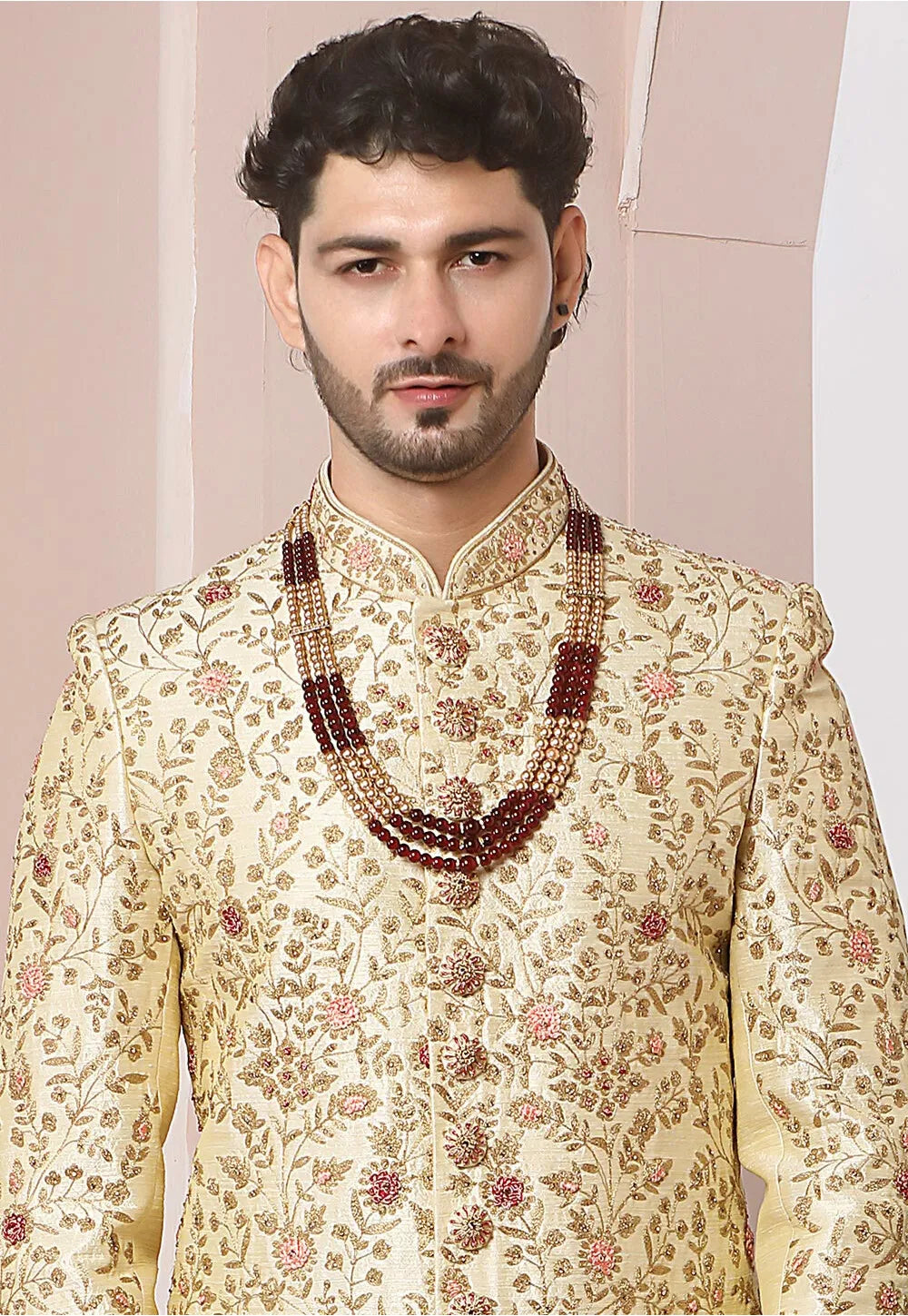 Pale Gold Banarasi Silk Sherwani | Embroidered Wedding Sherwani for Men
