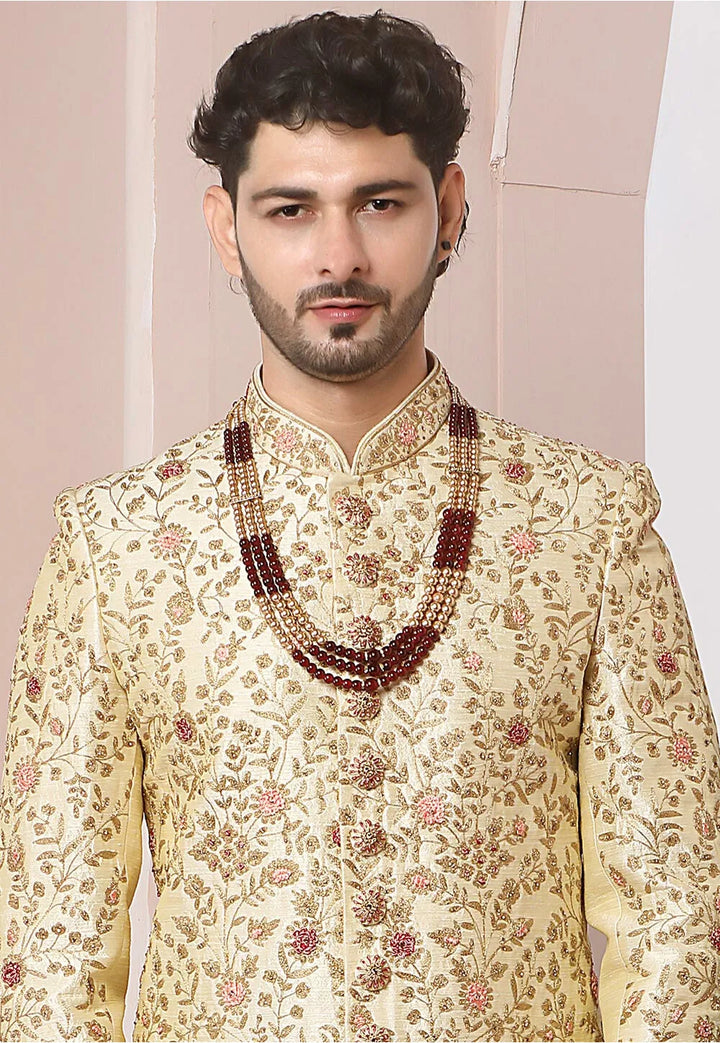 Pale Gold Banarasi Silk Sherwani | Embroidered Wedding Sherwani for Men