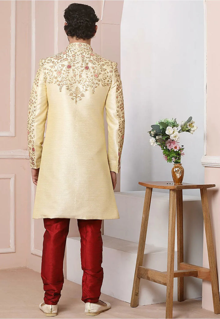 Pale Gold Banarasi Silk Sherwani | Embroidered Wedding Sherwani for Men