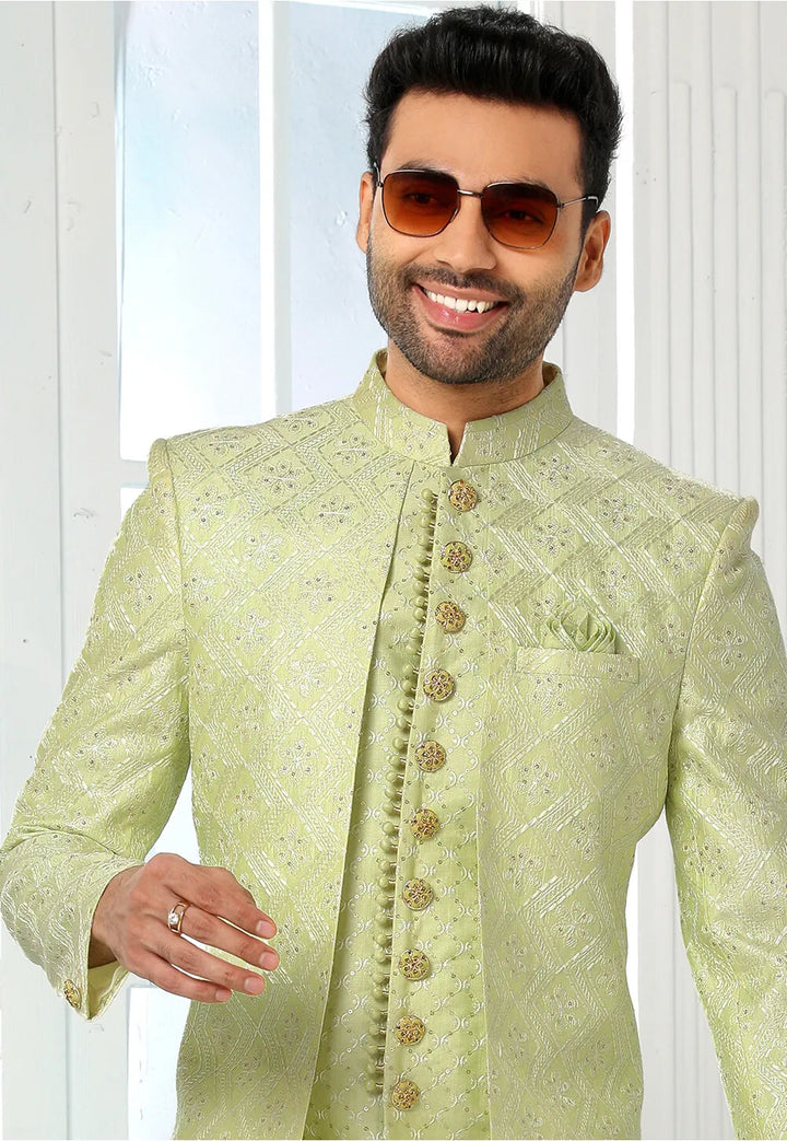 Elegant Pista Green Sherwani | Art Silk Fabric with Exquisite Thread Work