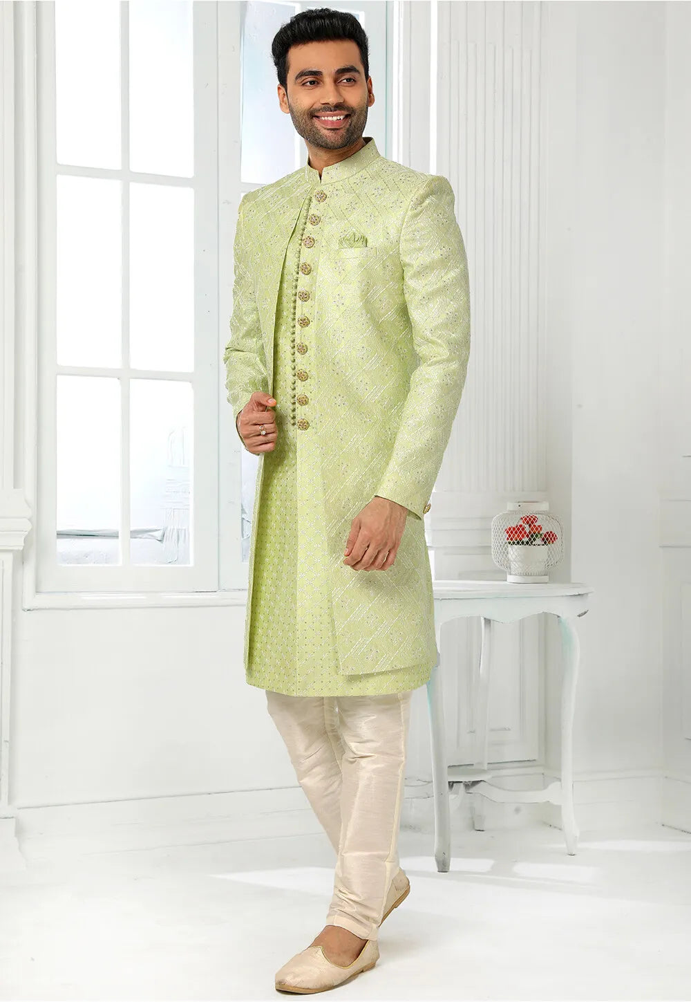 Elegant Pista Green Sherwani | Art Silk Fabric with Exquisite Thread Work