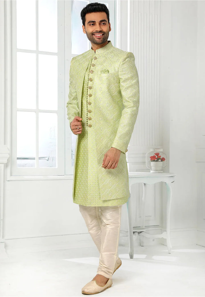 Elegant Pista Green Sherwani | Art Silk Fabric with Exquisite Thread Work