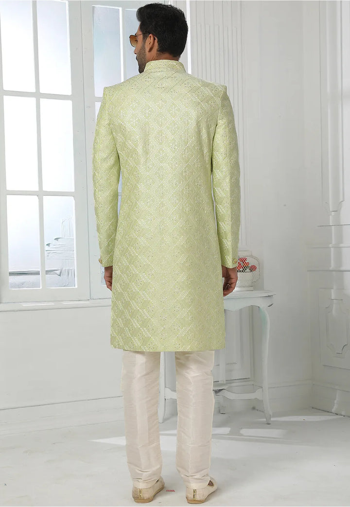 Elegant Pista Green Sherwani | Art Silk Fabric with Exquisite Thread Work