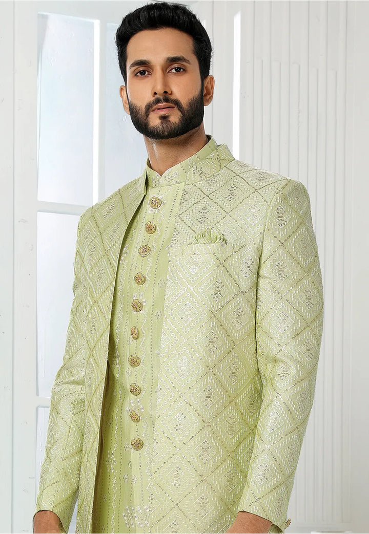 Pista Green Indian Sherwani | Premium Art Silk Wedding Outfit for Men