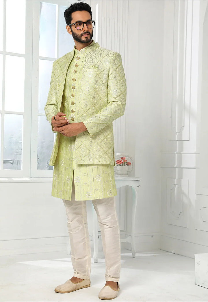 Pista Green Indian Sherwani | Premium Art Silk Wedding Outfit for Men