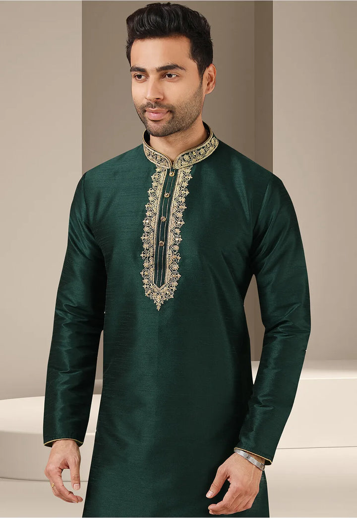 Dark Green Banarasi Kurta  Pajama | Art Silk Mirror Work Traditional Wear