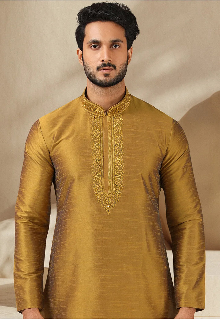 Elegant Golden Silk Kurta Pajama | Banarasi Art Silk Festive & Wedding Wear