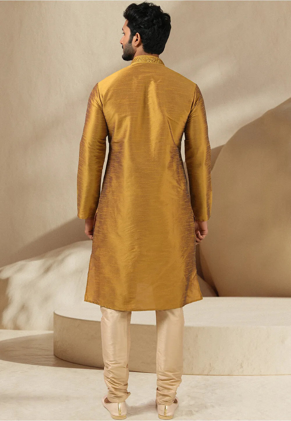 Elegant Golden Silk Kurta Pajama | Banarasi Art Silk Festive & Wedding Wear