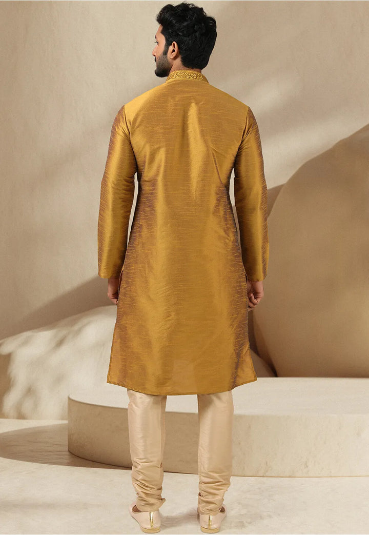 Elegant Golden Silk Kurta Pajama | Banarasi Art Silk Festive & Wedding Wear