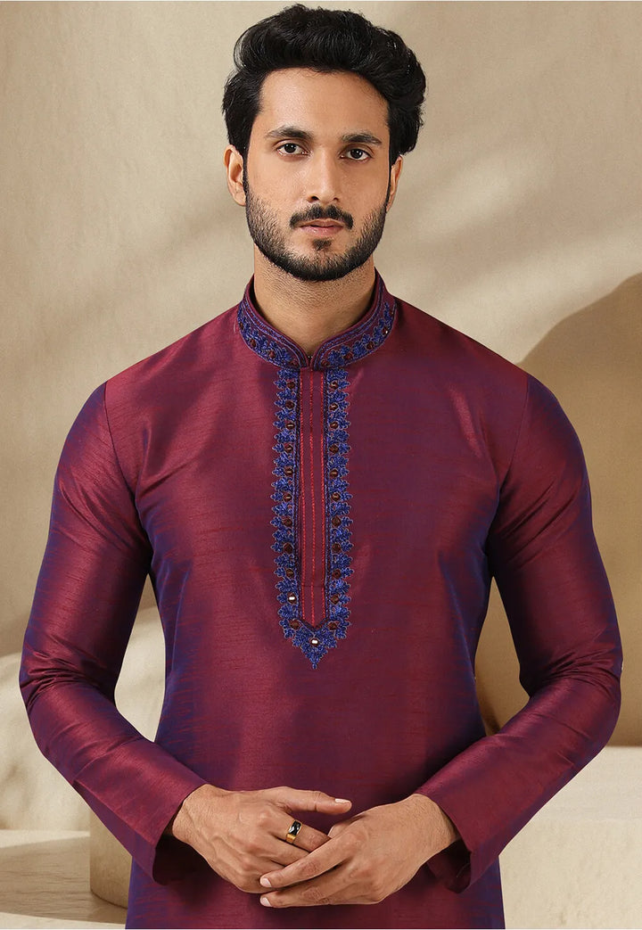 Wine Banarasi Art Silk Kurta Pajama | Mirror Work Traditional Wear