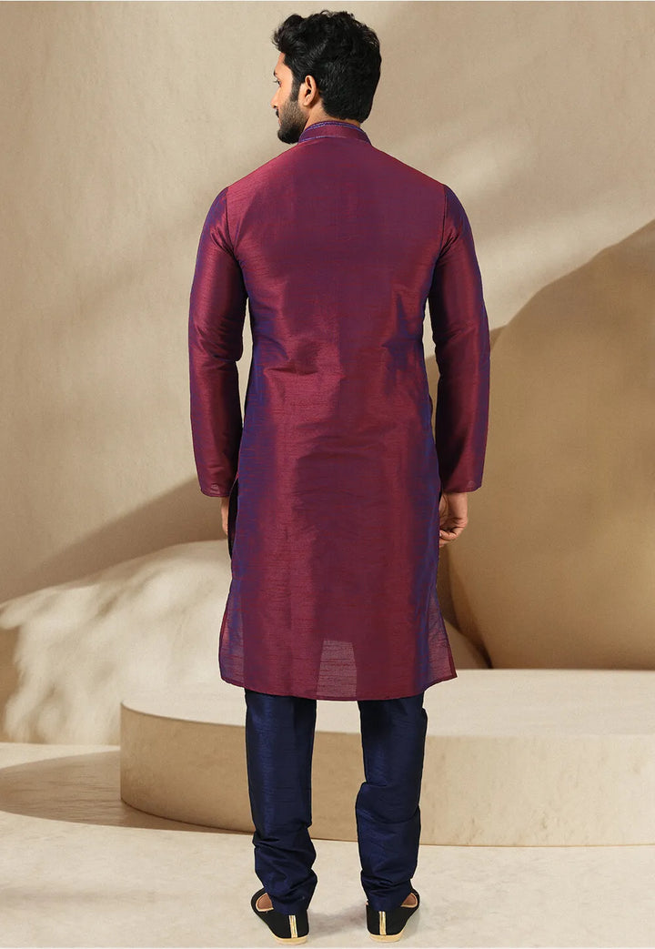 Wine Banarasi Art Silk Kurta Pajama | Mirror Work Traditional Wear