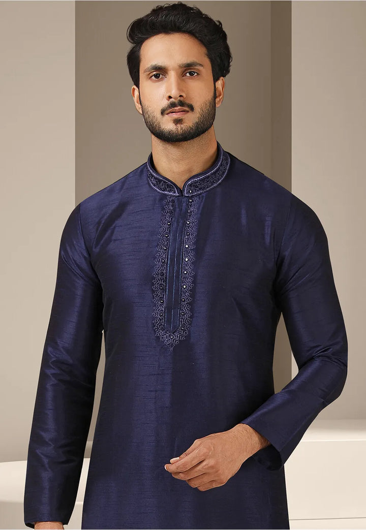 Navy Blue Banarasi Art Silk Kurta Pajama | Mirror Work Traditional Wear