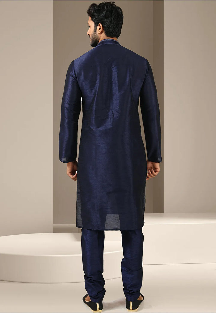 Navy Blue Banarasi Art Silk Kurta Pajama | Mirror Work Traditional Wear