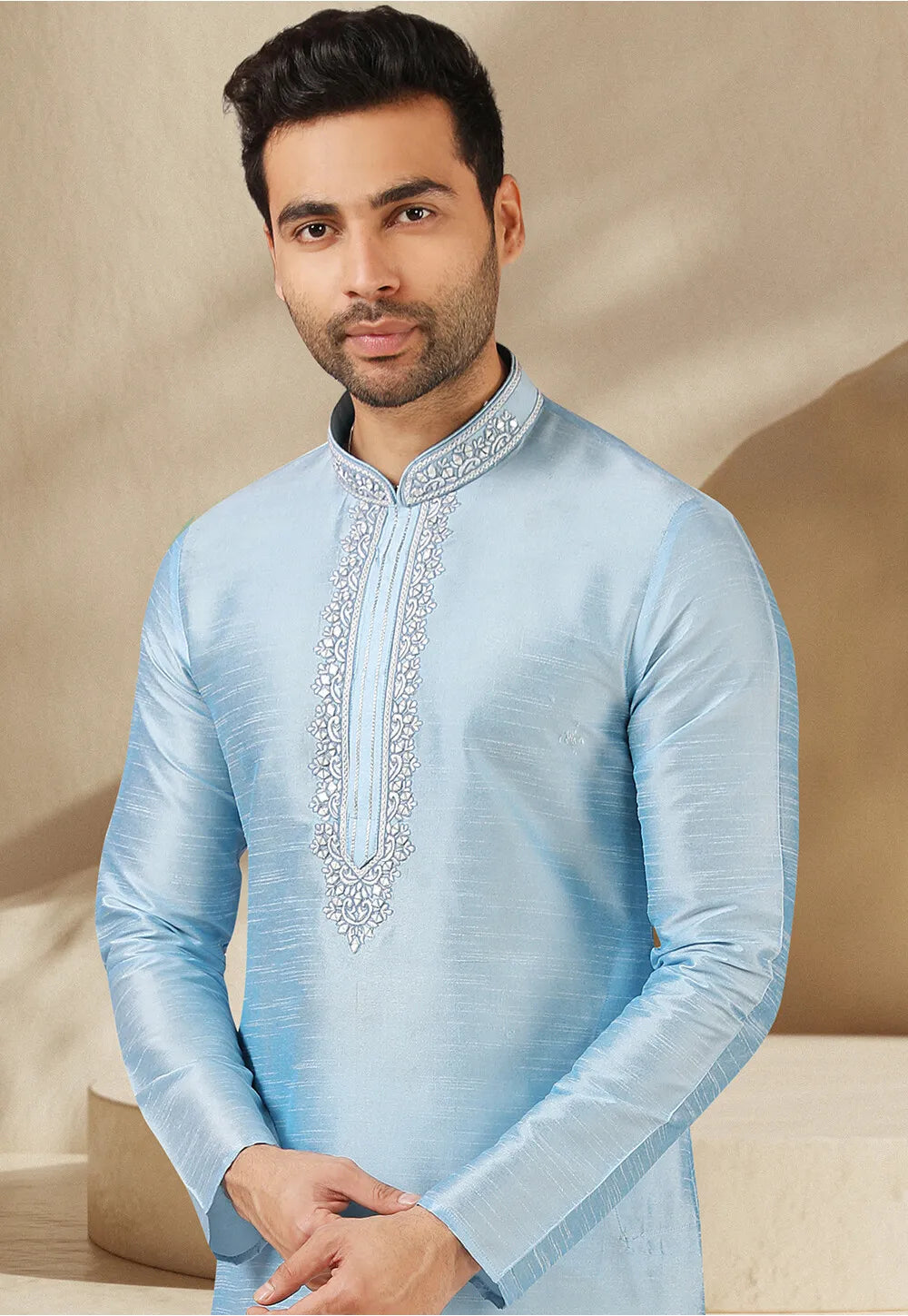 Light Sky Blue Banarasi Silk Kurta Pajama | Mirror Work Traditional Wear