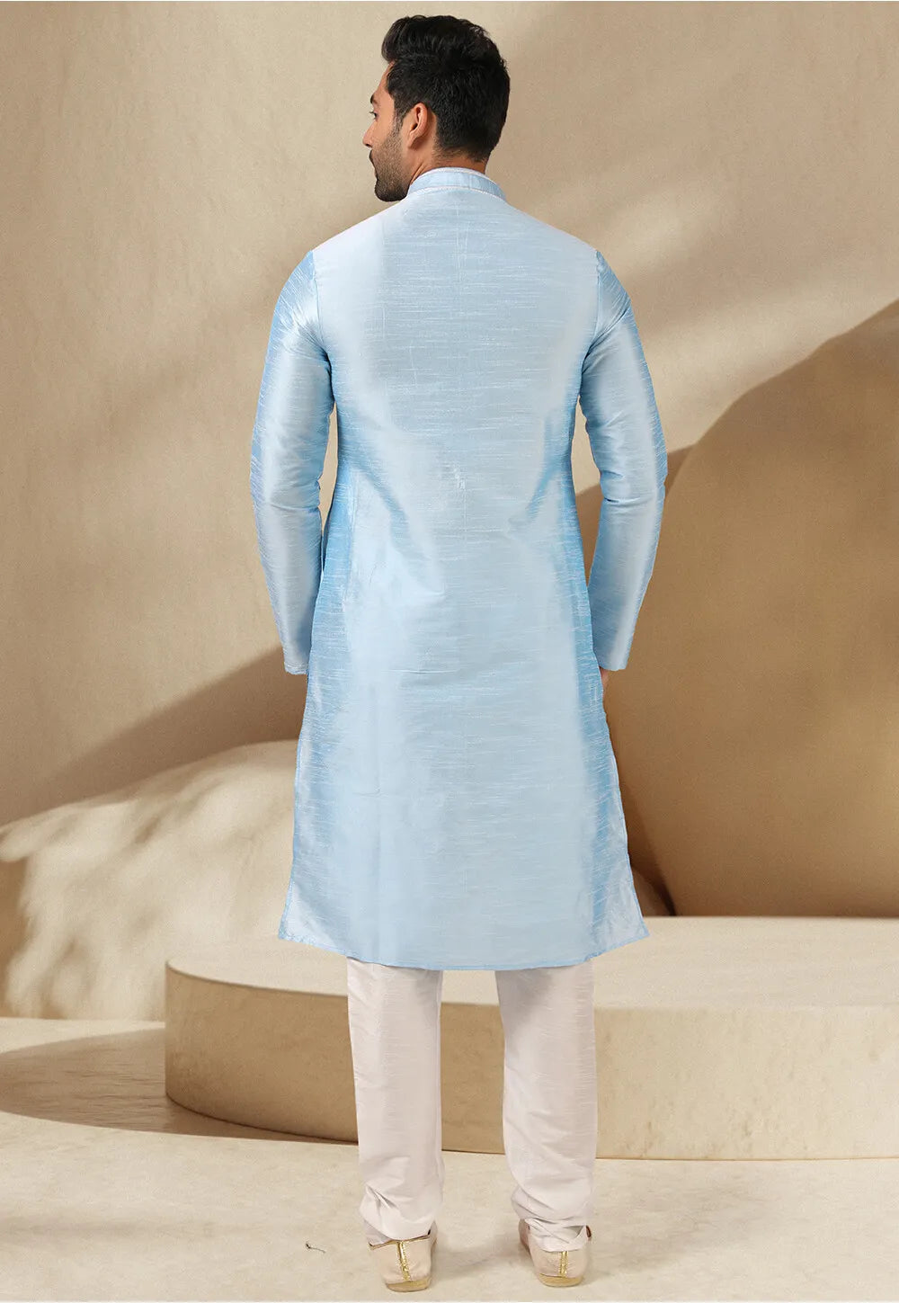 Light Sky Blue Banarasi Silk Kurta Pajama | Mirror Work Traditional Wear