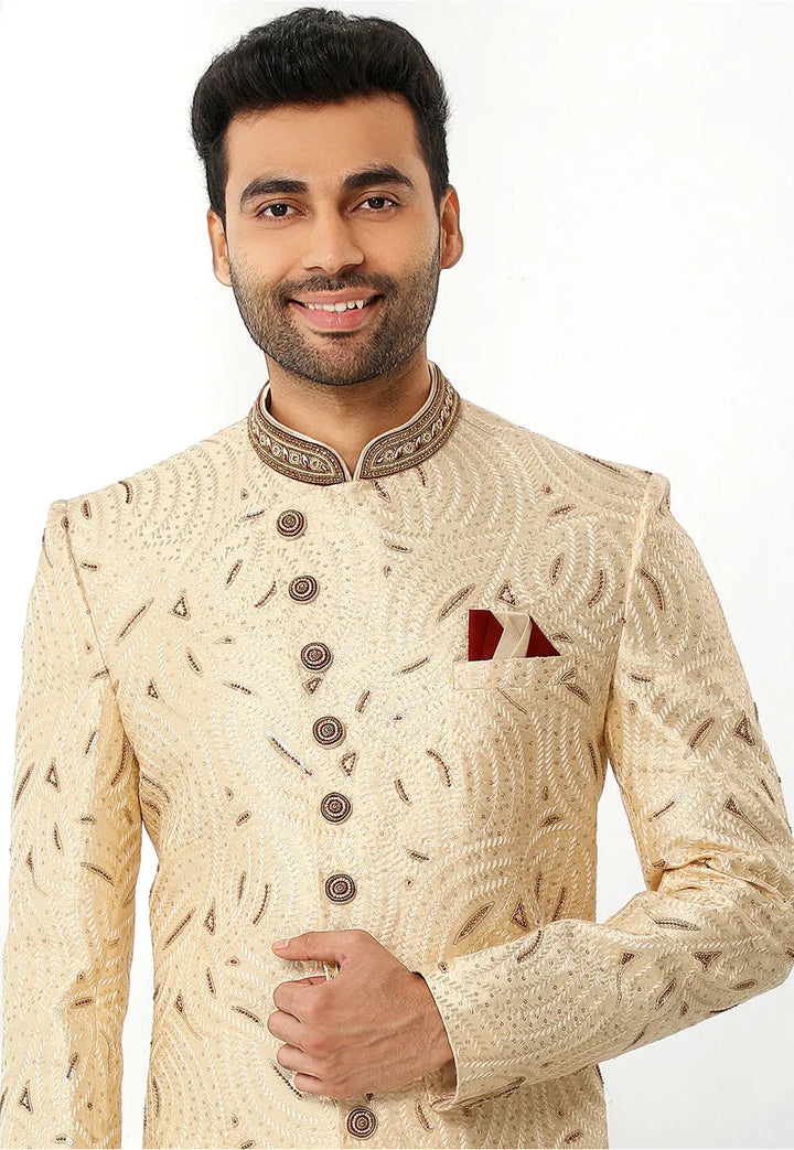 Beige Sherwani for Men | Art Silk with Intricate Thread Work Wedding Wear