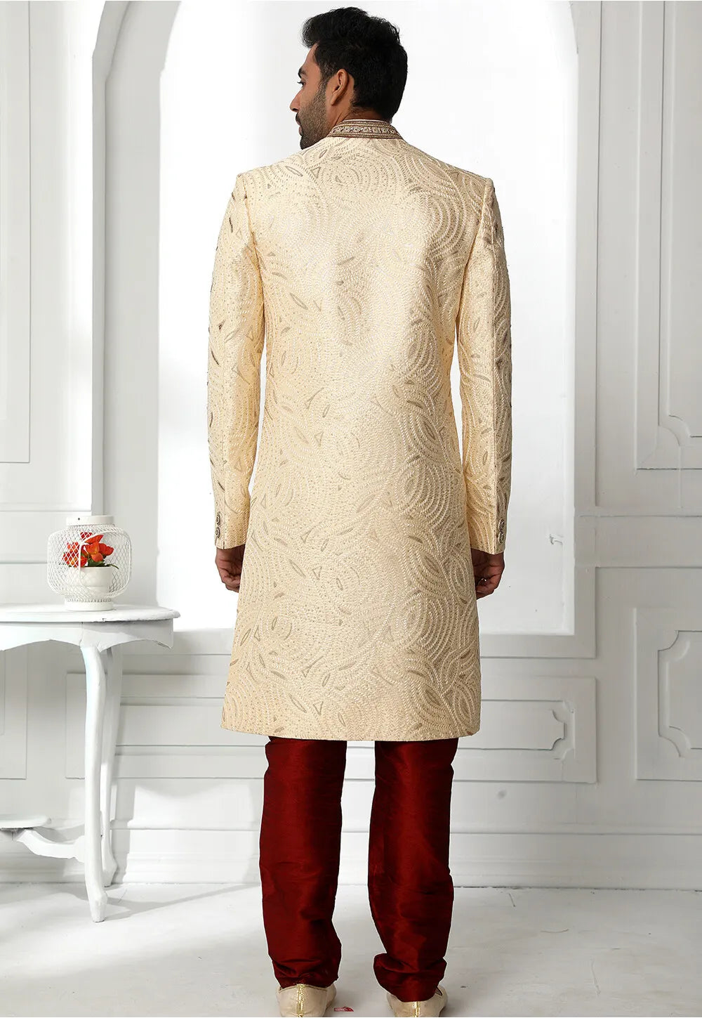 Beige Sherwani for Men | Art Silk with Intricate Thread Work Wedding Wear