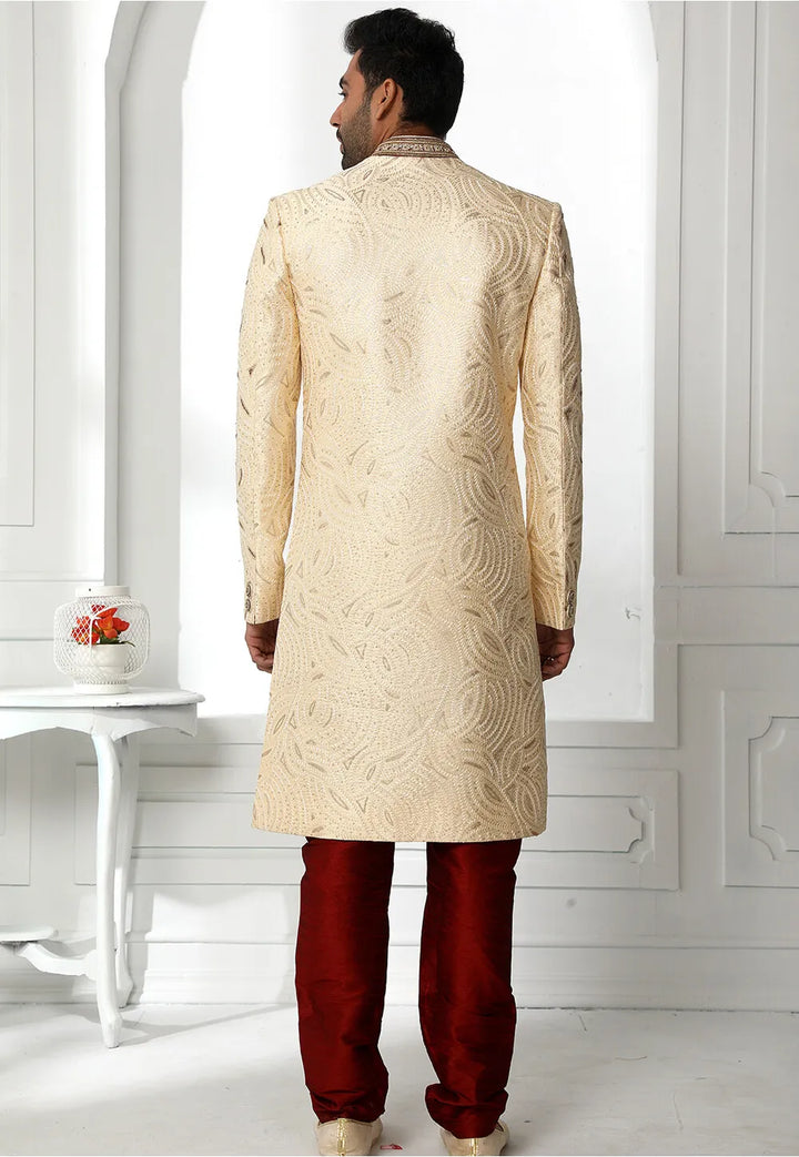 Beige Sherwani for Men | Art Silk with Intricate Thread Work Wedding Wear
