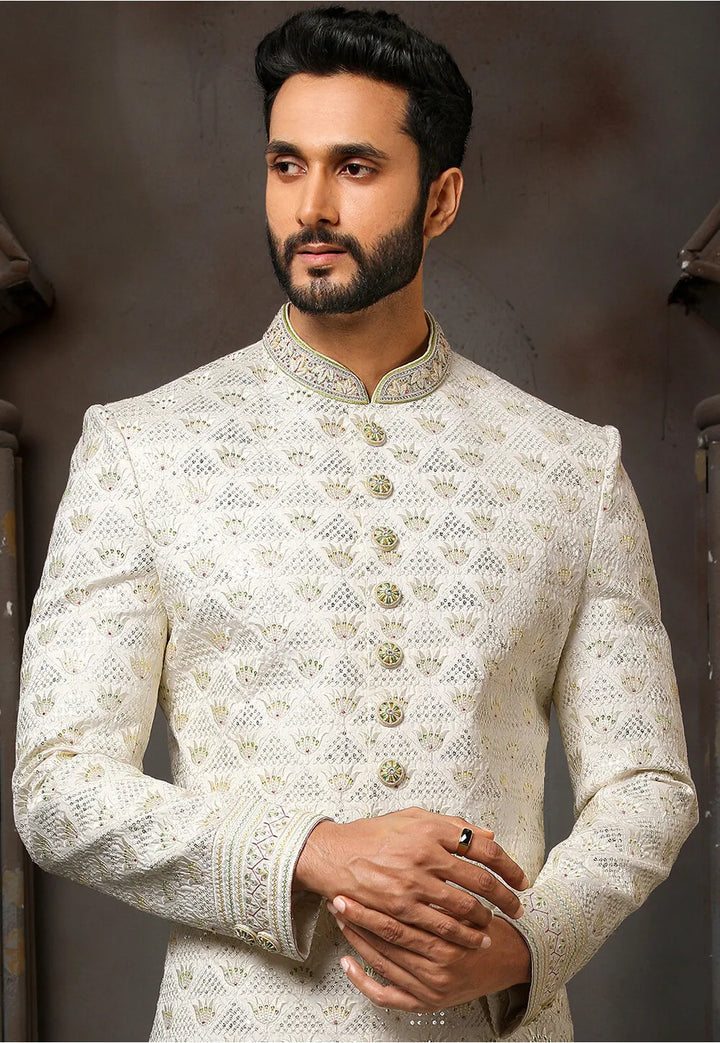 Cream Art Silk Sherwani | Elegant Thread Work for Wedding & Festive