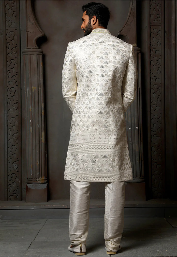 Cream Art Silk Sherwani | Elegant Thread Work for Wedding & Festive