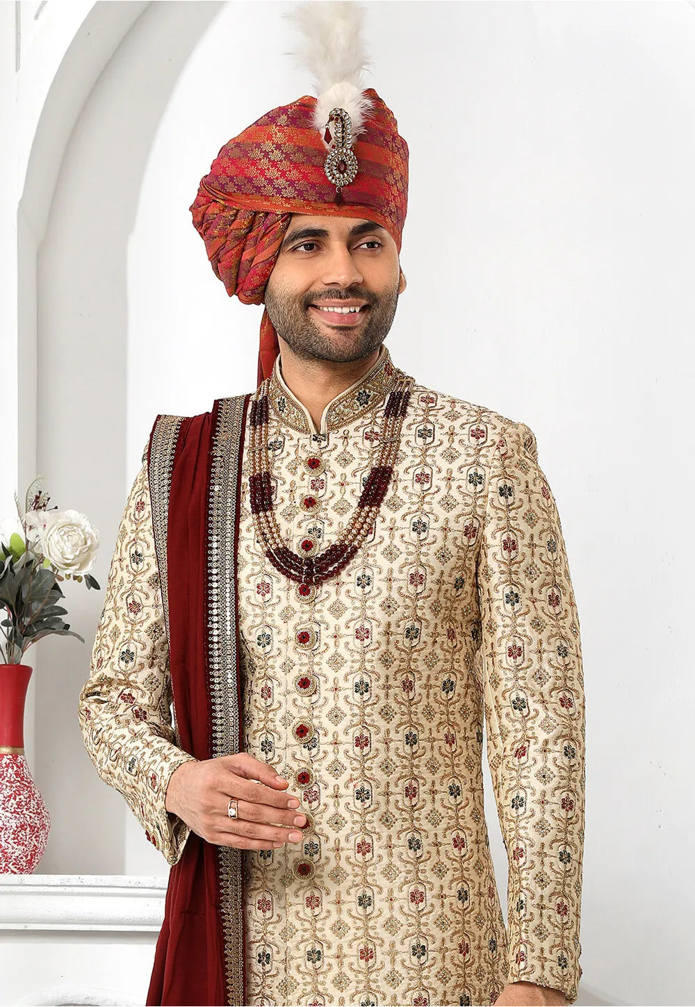 Cream Groom Sherwani with Dupatta | Art Silk & Thread Work Wedding Wear