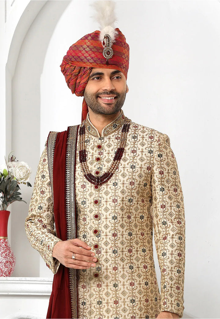 Cream Groom Sherwani with Dupatta | Art Silk & Thread Work Wedding Wear
