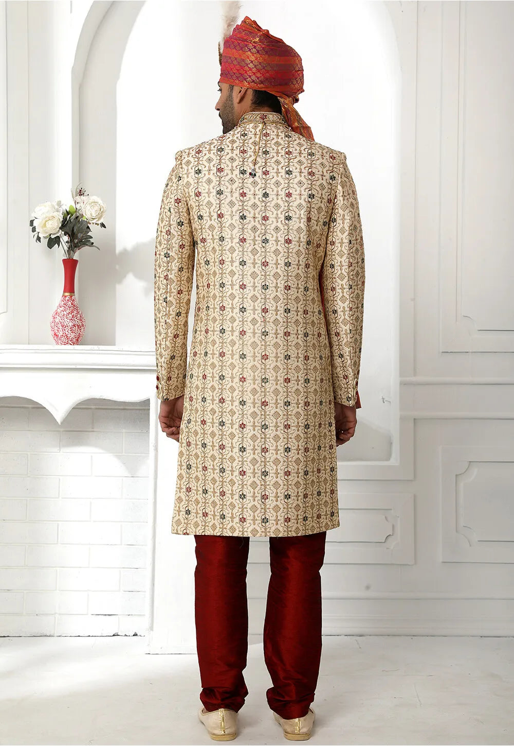 Cream Groom Sherwani with Dupatta | Art Silk & Thread Work Wedding Wear