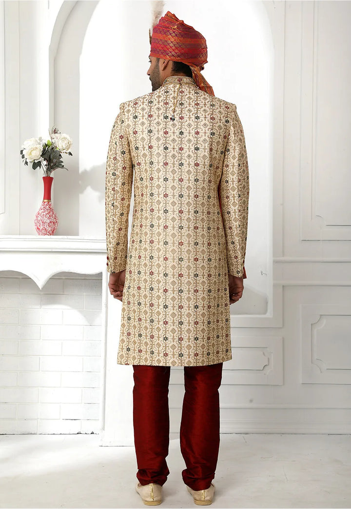 Cream Groom Sherwani with Dupatta | Art Silk & Thread Work Wedding Wear