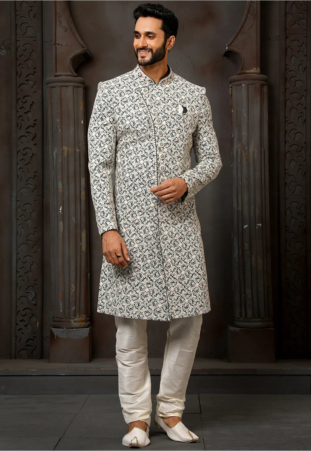Off White Art Silk Sherwani | Elegant Thread Work for Wedding Wear