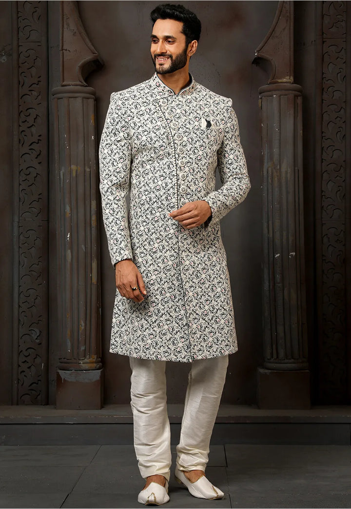 Off White Art Silk Sherwani | Elegant Thread Work for Wedding Wear